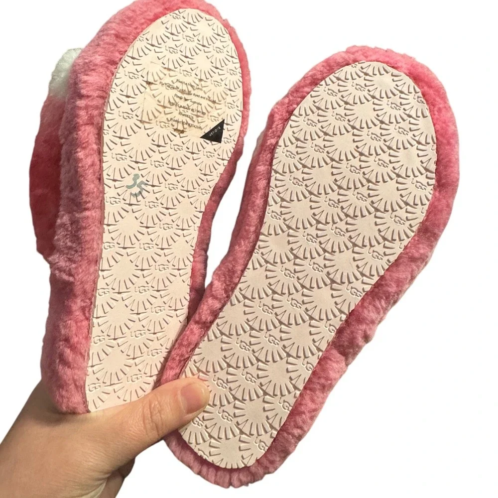 UGG Kids Pink White Tie‎ Dye Fluffy Furry Slides Slippers Sandals Size 4